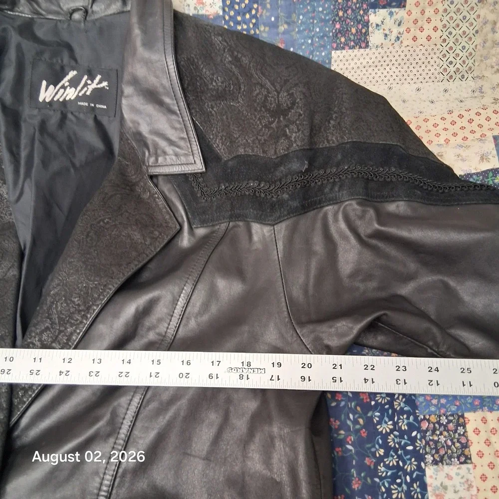 Vintage 90s Winlit Womens Leather Coat Size Medium Black Trench Duster Paisley
